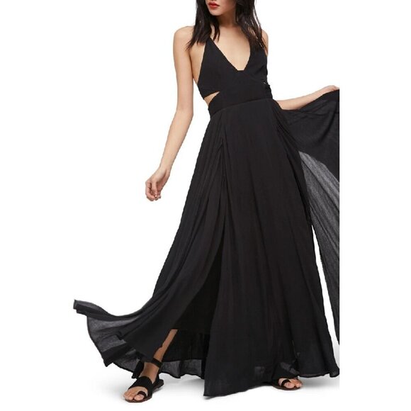 Free People Lillie Black Layered Halter Maxi Dress M - Picture 1 of 7